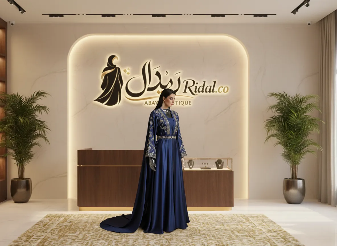 عباية سهرة فاخرة من الحرير الكحلي الملكي بتطريز ذهبي يدوي وذيل طويل - موديل SE610