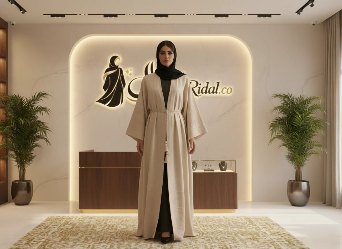 عباية كتان فاخرة بلون بيج رملي مع تطريز هندسي وحزام شرابات - SE416