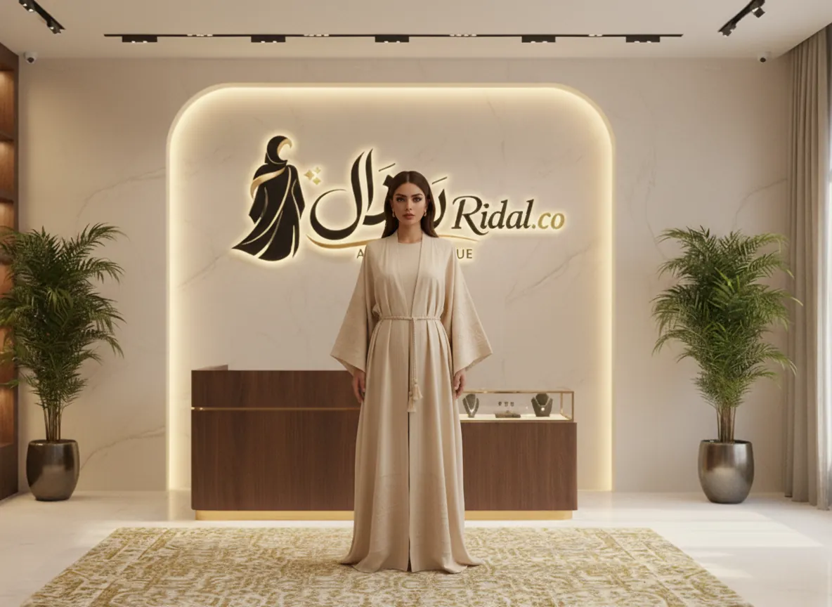 عباية كتان فاخرة بلون بيج رملي مع تطريز هندسي وحزام شرابات - SE416