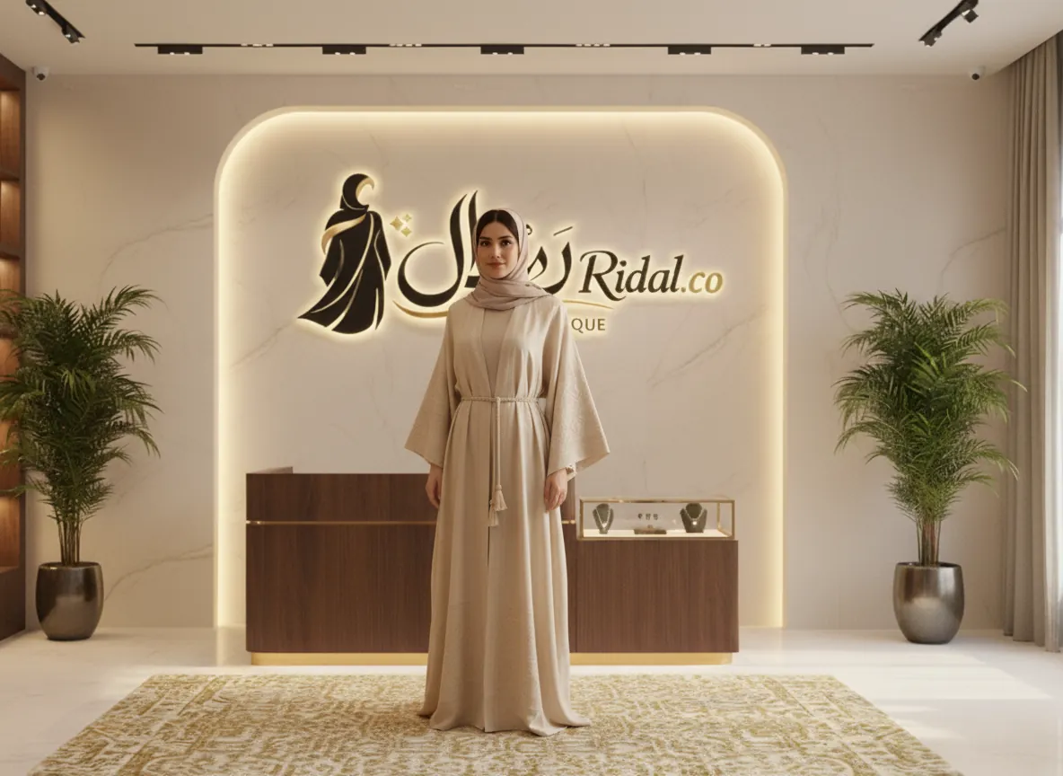 عباية كتان فاخرة بلون بيج رملي مع تطريز هندسي وحزام شرابات - SE416