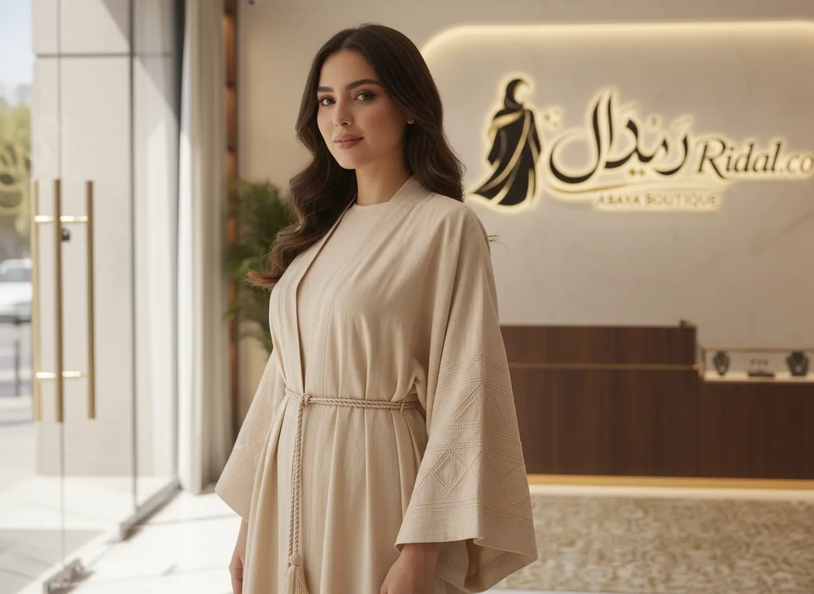 عباية كتان فاخرة بلون بيج رملي مع تطريز هندسي وحزام شرابات - SE416