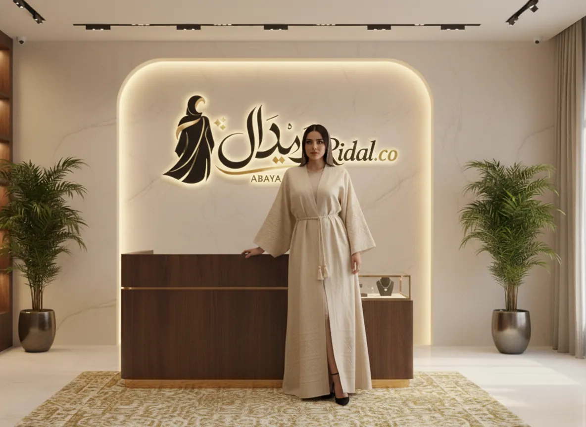 عباية كتان فاخرة بلون بيج رملي مع تطريز هندسي وحزام شرابات - SE416