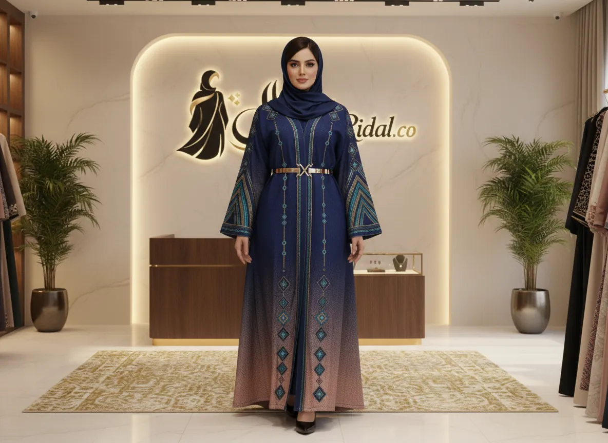 عباية ملونة من قماش الكتان الفاخر بلون بيج رملي وتطريز يدوي أنيق