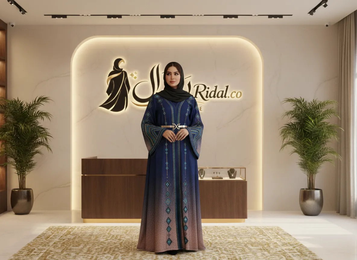 عباية ملونة من قماش الكتان الفاخر بلون بيج رملي وتطريز يدوي أنيق