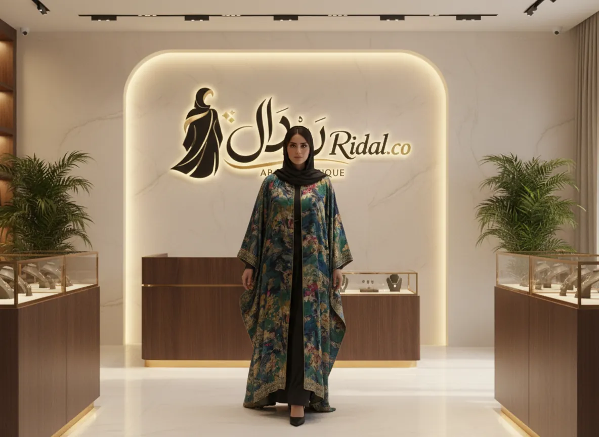 عباية ملونة عصرية بتصميم هندسي وألوان متناغمة من الحرير الفاخر وتطريز يدوي