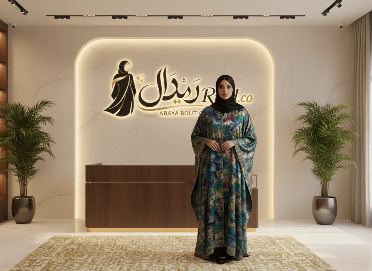 عباية ملونة عصرية بتصميم هندسي وألوان متناغمة من الحرير الفاخر وتطريز يدوي