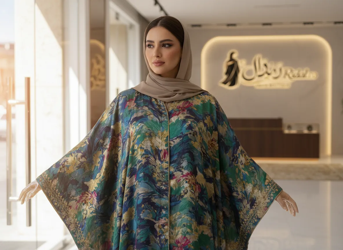 عباية ملونة عصرية بتصميم هندسي وألوان متناغمة من الحرير الفاخر وتطريز يدوي