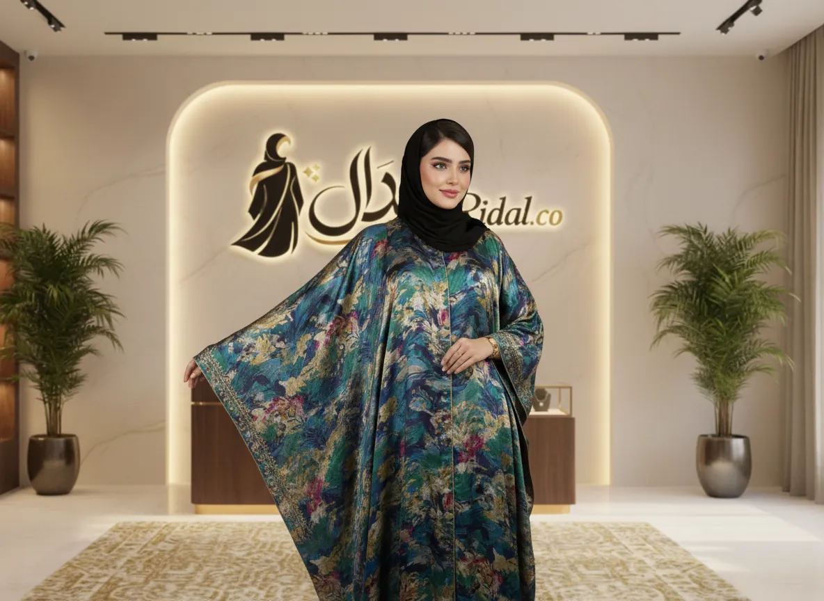 عباية ملونة عصرية بتصميم هندسي وألوان متناغمة من الحرير الفاخر وتطريز يدوي