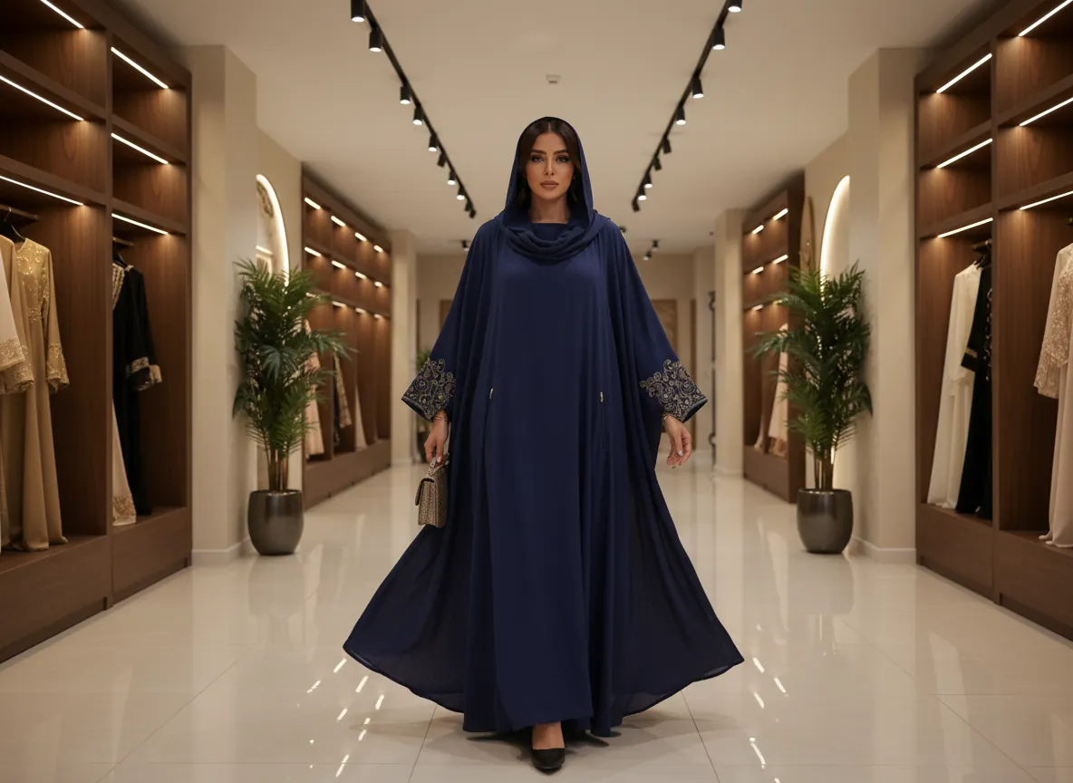عباية سفر كحلية بتصميم فراشة واسعة مع تطريز ذهبي ملكي على الأكمام