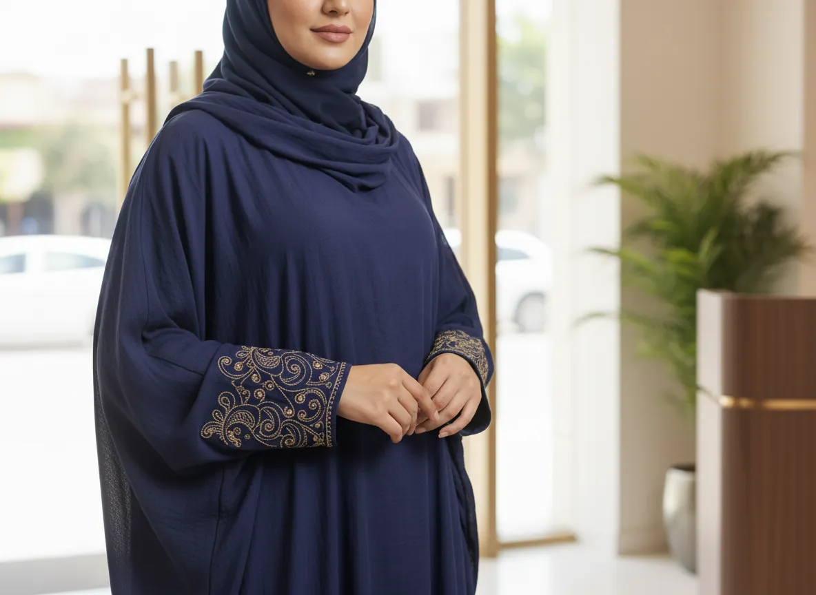عباية سفر كحلية بتصميم فراشة واسعة مع تطريز ذهبي ملكي على الأكمام