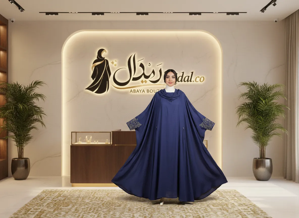 عباية سفر كحلية بتصميم فراشة واسعة مع تطريز ذهبي ملكي على الأكمام