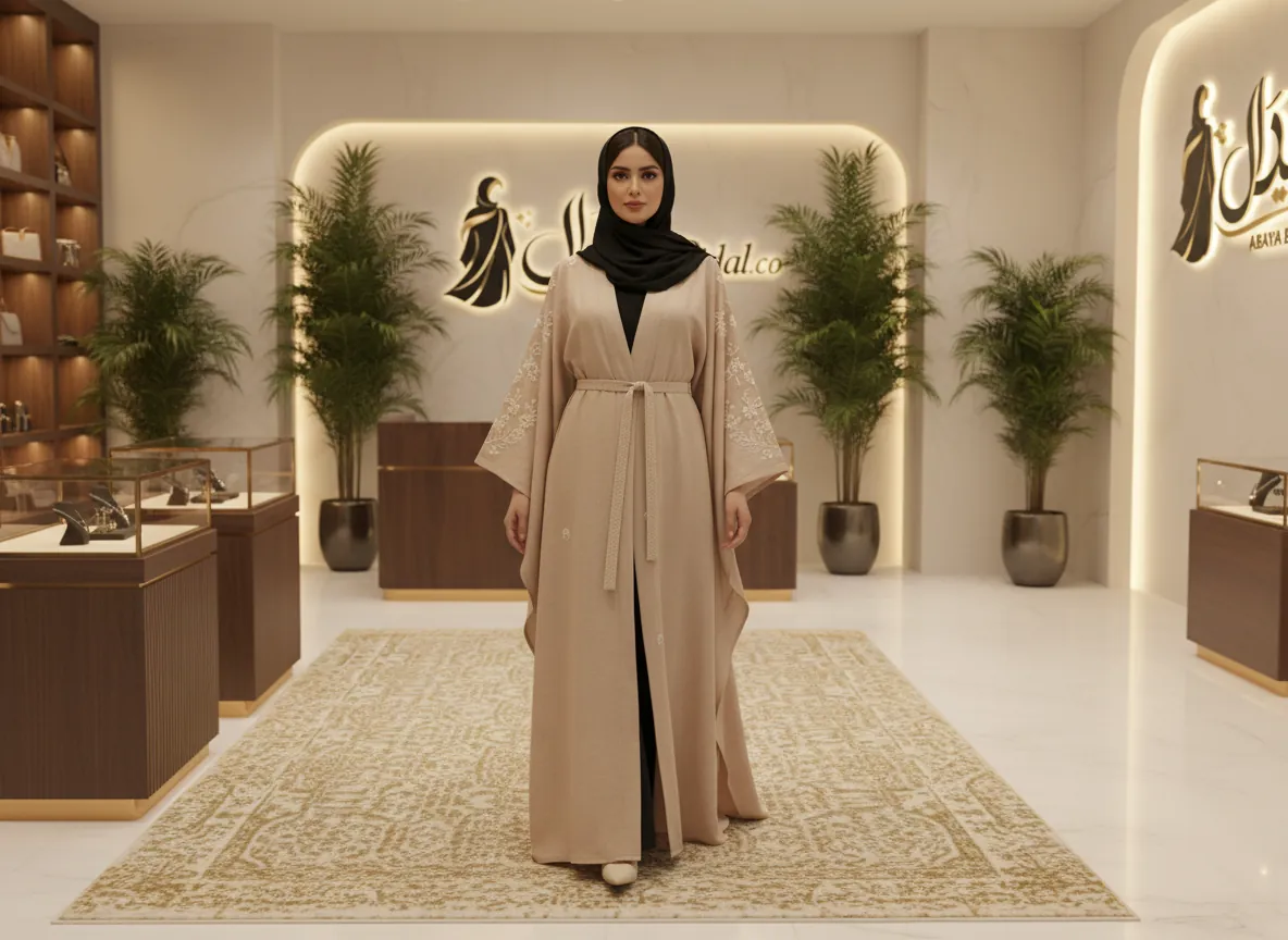عباية كتان بيج ملكي مطرزة بالزهور البيضاء مع حزام مجدول فاخر