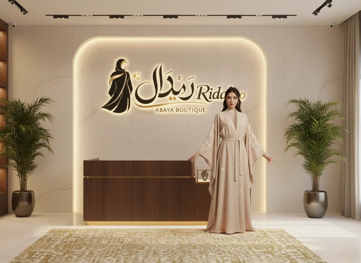 عباية كتان بيج ملكي مطرزة بالزهور البيضاء مع حزام مجدول فاخر