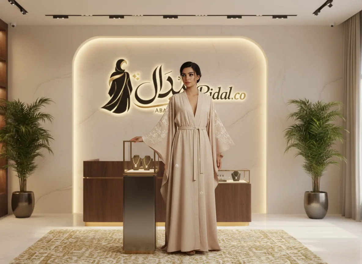 عباية كتان بيج ملكي مطرزة بالزهور البيضاء مع حزام مجدول فاخر