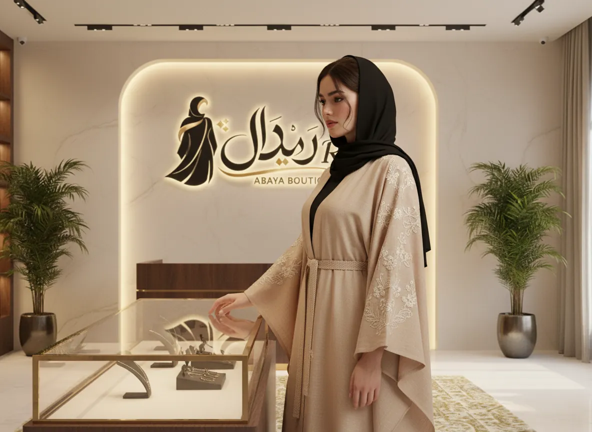 عباية كتان بيج ملكي مطرزة بالزهور البيضاء مع حزام مجدول فاخر