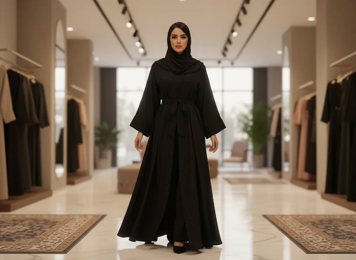 عباية سوداء ملكية بتطريز هندسي فاخر وحزام خصر - تصميم كلاسيكي راقٍ