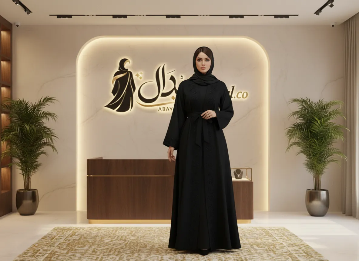 عباية سوداء ملكية بتطريز هندسي فاخر وحزام خصر - تصميم كلاسيكي راقٍ