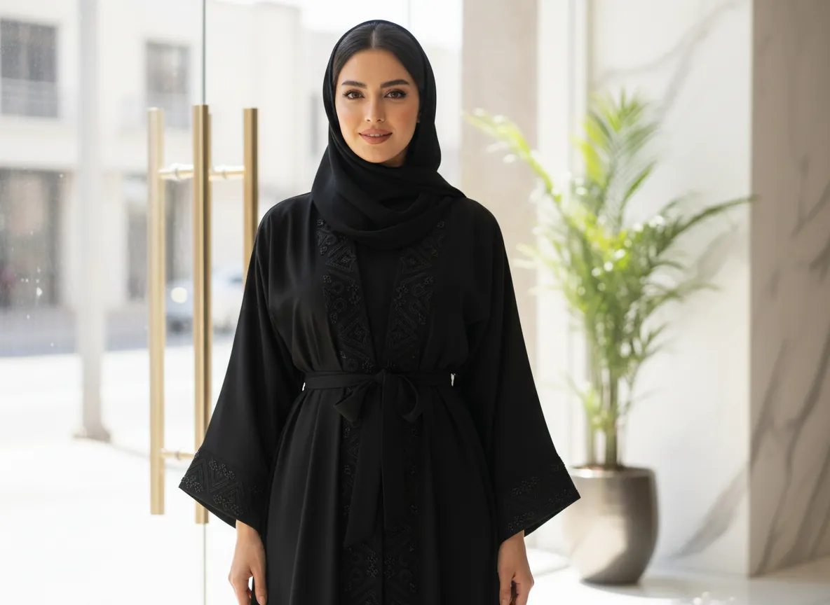عباية سوداء ملكية بتطريز هندسي فاخر وحزام خصر - تصميم كلاسيكي راقٍ