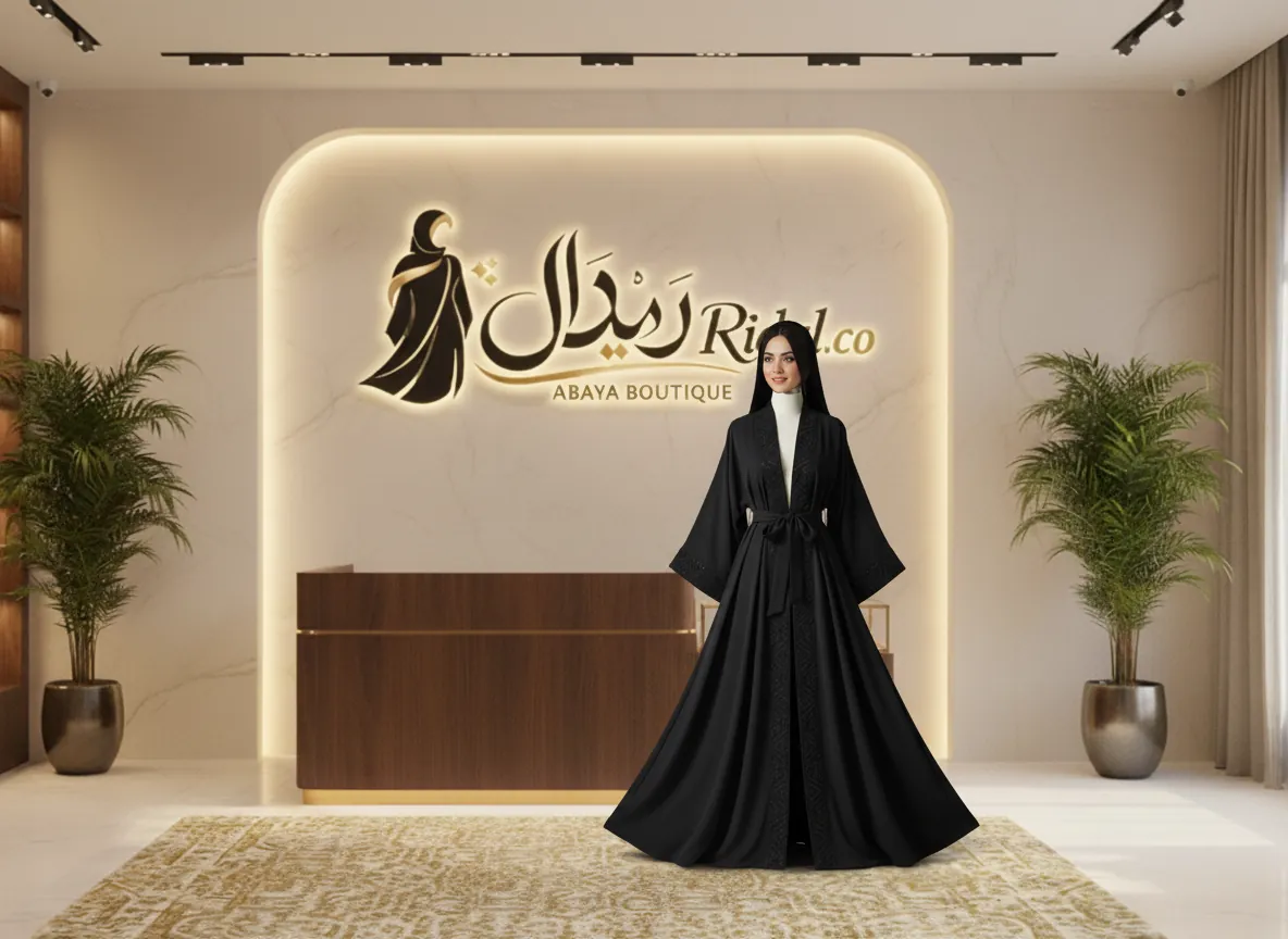 عباية سوداء ملكية بتطريز هندسي فاخر وحزام خصر - تصميم كلاسيكي راقٍ