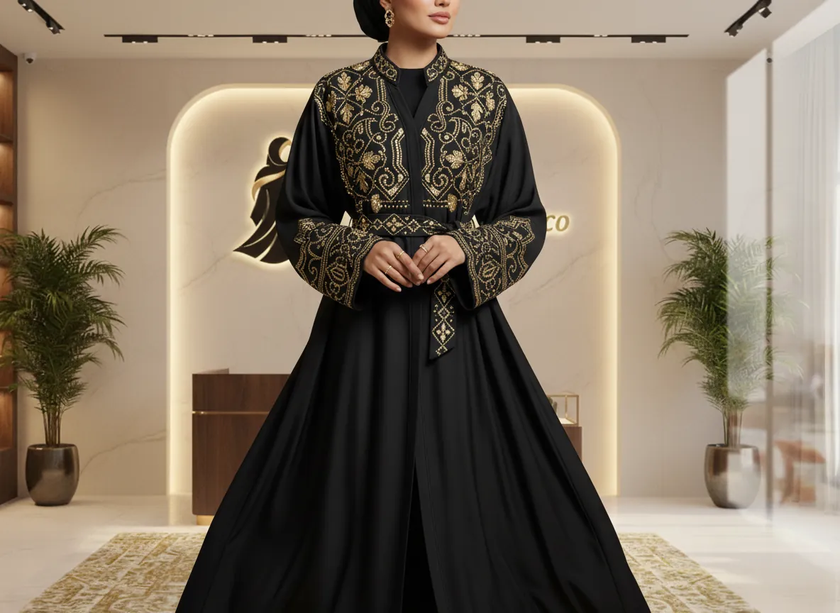 عباية سوداء ملكية بتطريز يدوي فاخر وتصميم كلاسيكي عصري