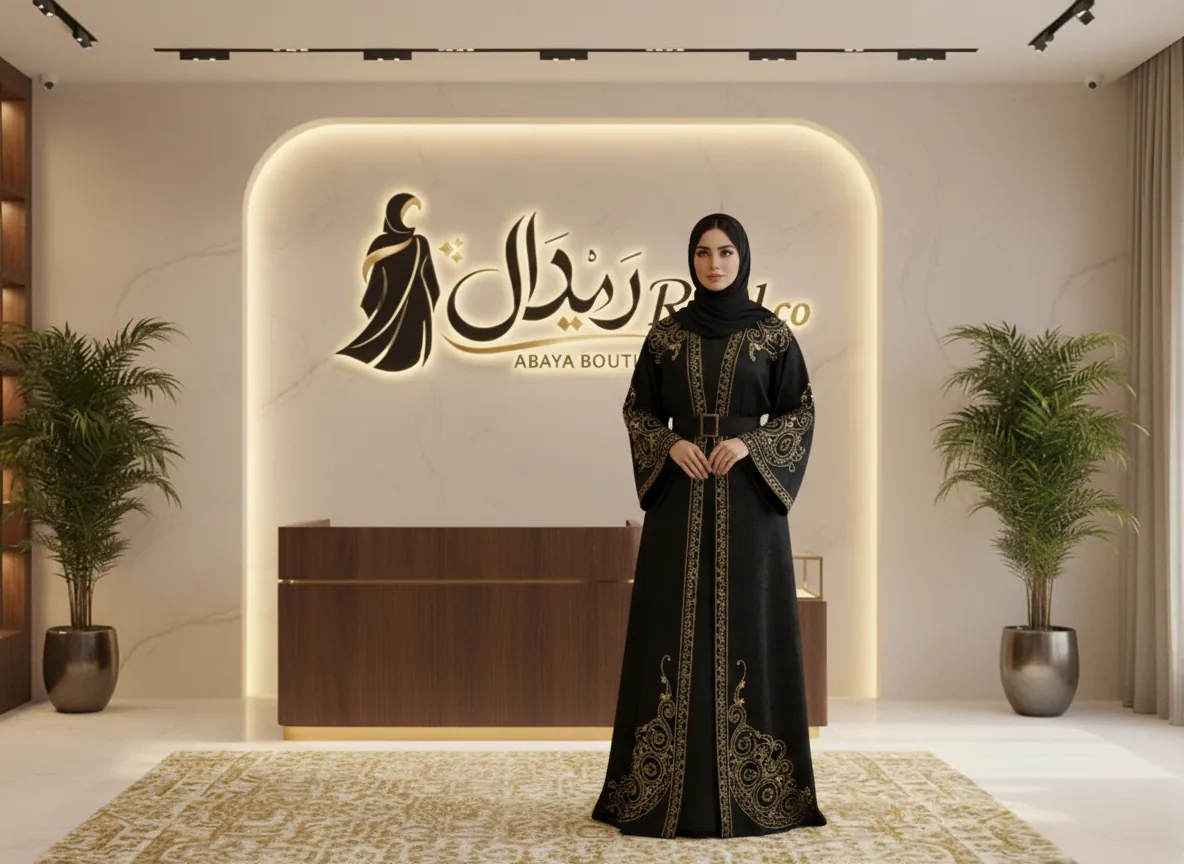 عباية سوداء ملكية بتطريز ذهبي فاخر وحزام خصر أنيق