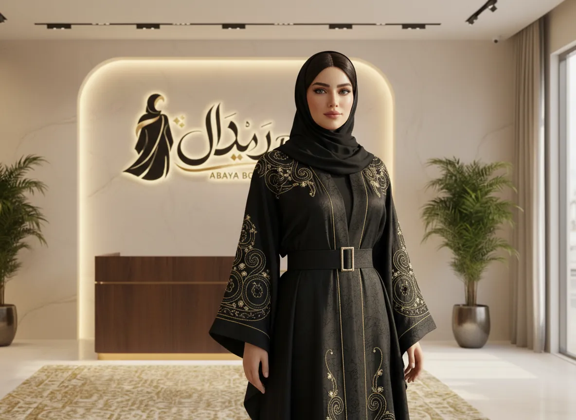 عباية سوداء ملكية بتطريز ذهبي فاخر وحزام خصر أنيق