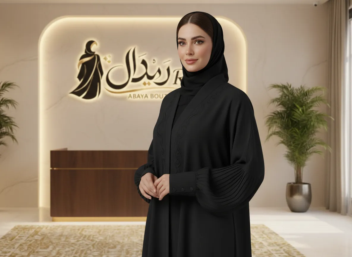عباية سوداء ملكية بتطريز صدر ناعم وأكمام بليسيه فاخرة مع أزرار