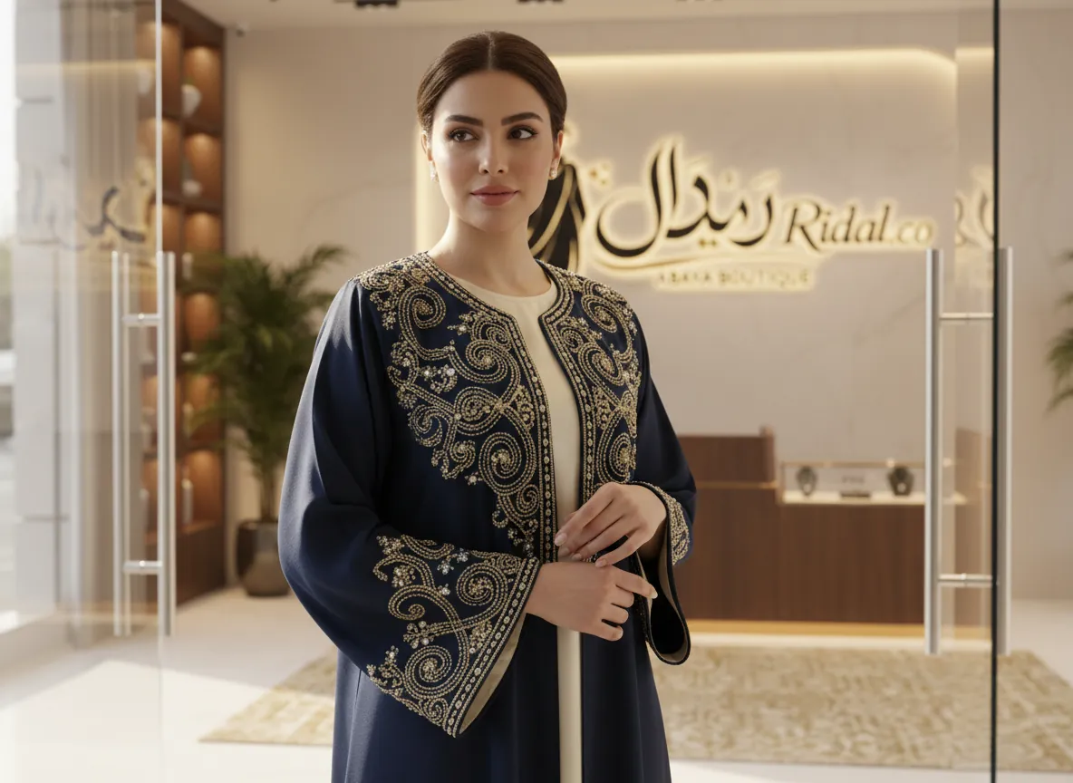 عباية سوداء ملكية بتطريز يدوي فاخر من الكريب الياباني الأصيل