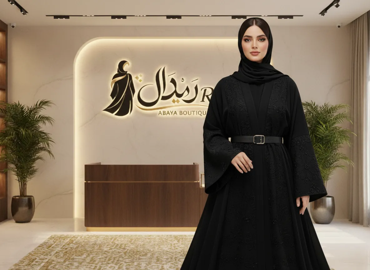 عباية كلوش سوداء ملكية بتطريز زهور فاخر وأكمام واسعة مع حزام - SE644