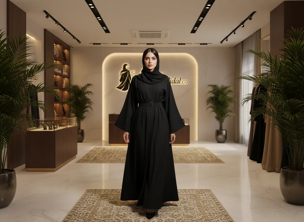 عباية سوداء ملكية من قماش الكريب الفاخر بتصميم كلاسيكي عصري وتطريز ناعم