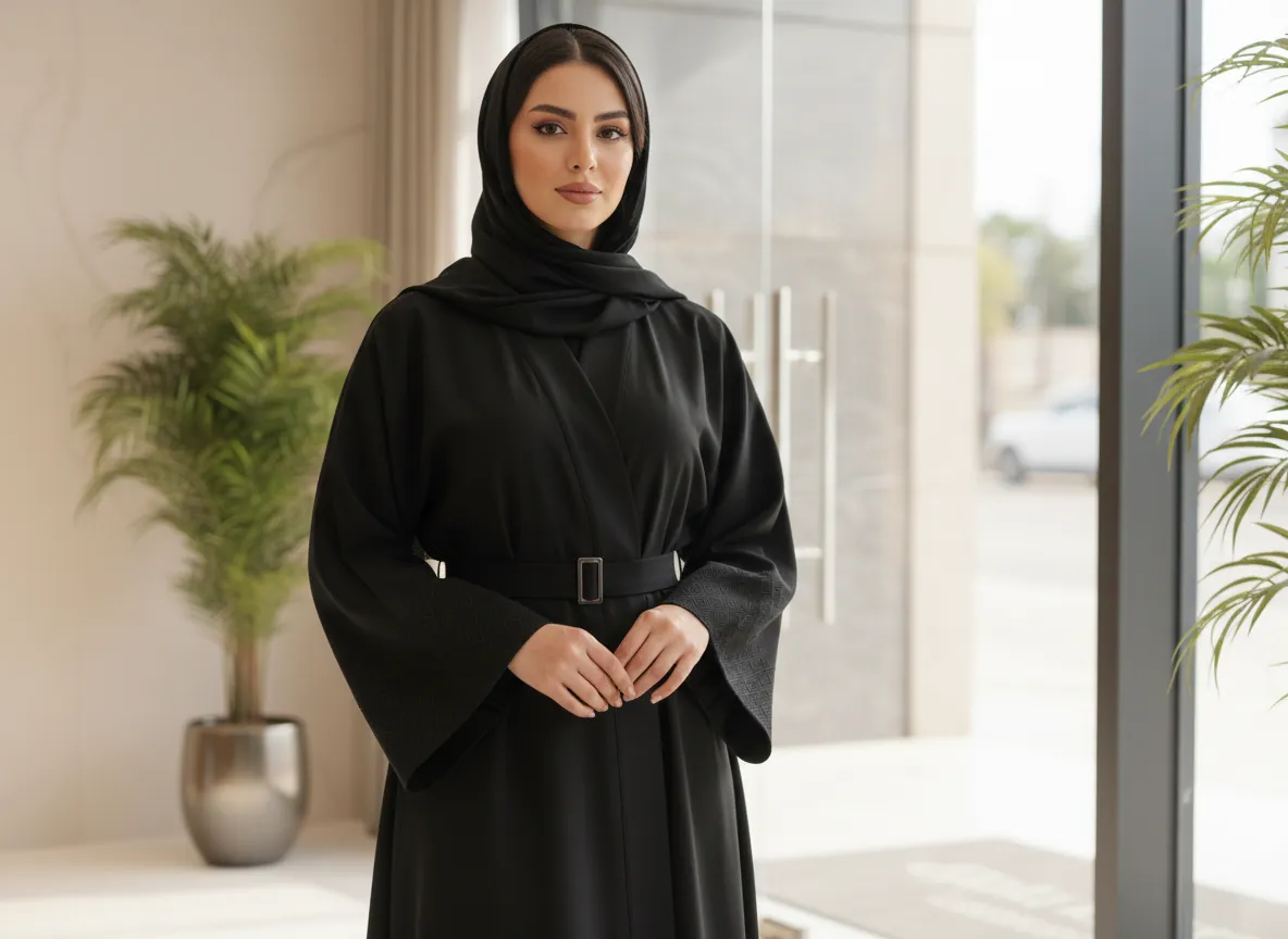 عباية سوداء ملكية من قماش الكريب الفاخر بتصميم كلاسيكي عصري وتطريز ناعم