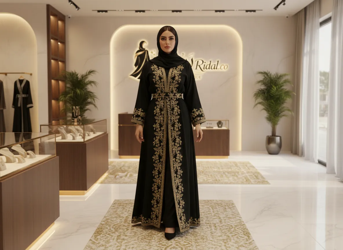 عباية كريب ملكي سوداء مطرزة يدوياً بخيوط القصب الذهبية الفاخرة - تصميم كلاسيكي راقي