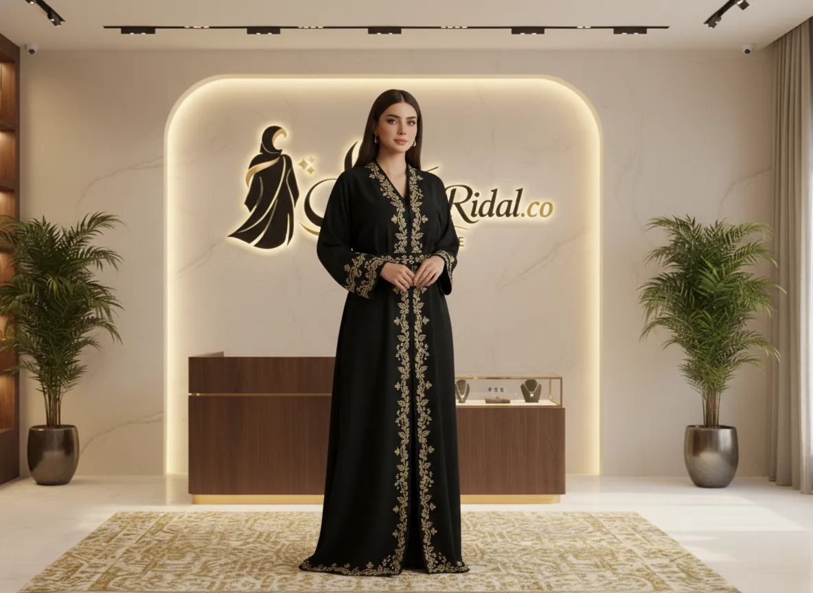 عباية كريب ملكي سوداء مطرزة يدوياً بخيوط القصب الذهبية الفاخرة - تصميم كلاسيكي راقي