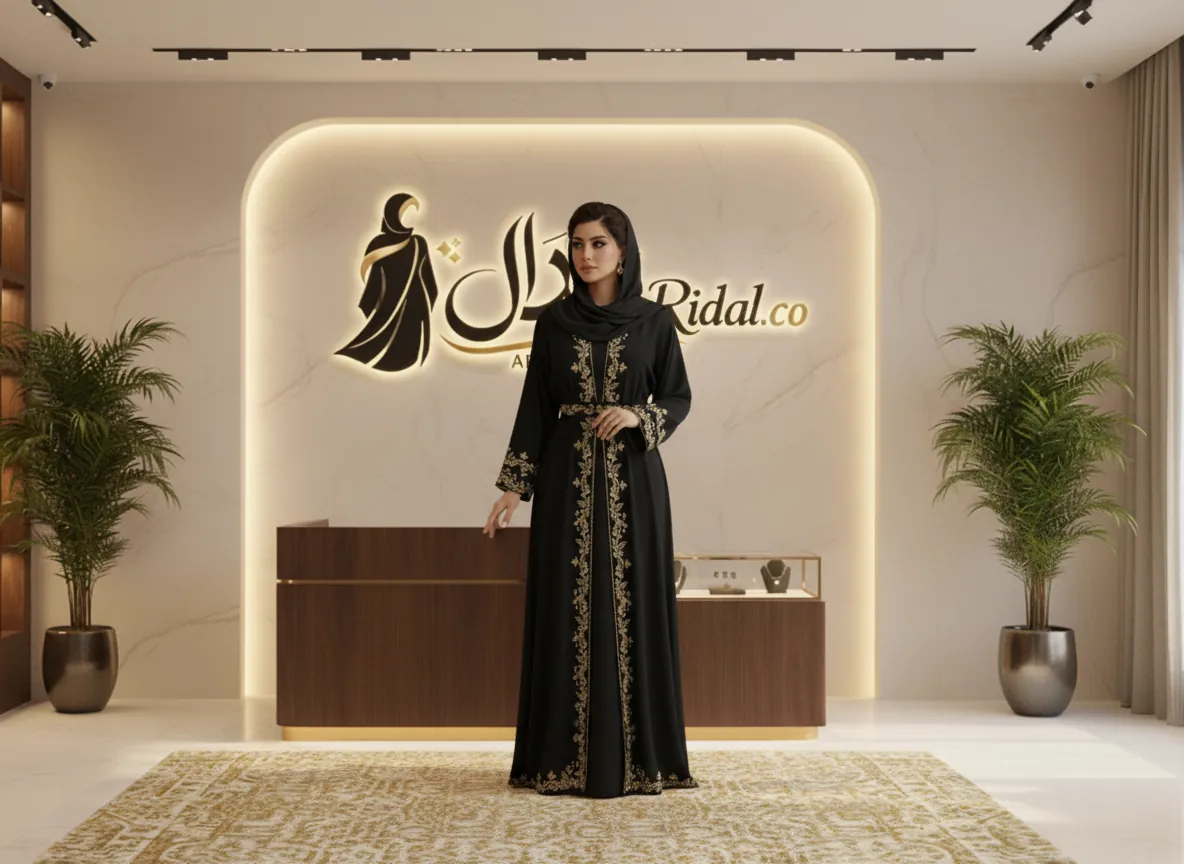 عباية كريب ملكي سوداء مطرزة يدوياً بخيوط القصب الذهبية الفاخرة - تصميم كلاسيكي راقي