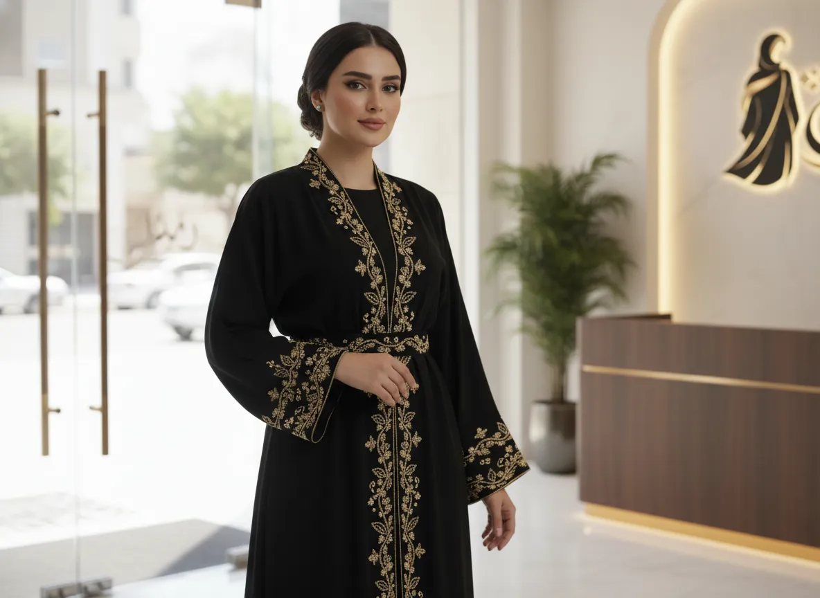 عباية كريب ملكي سوداء مطرزة يدوياً بخيوط القصب الذهبية الفاخرة - تصميم كلاسيكي راقي
