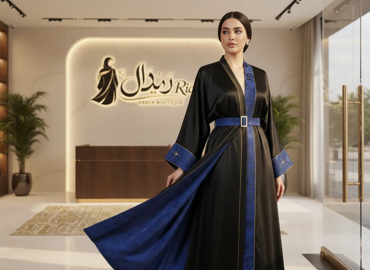 عباية سوداء ملكية دبل فيس ببطانة زرقاء مزخرفة وحزام أنيق مع تطريز ذهبي
