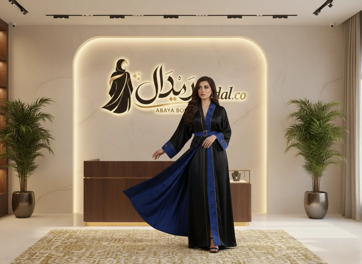 عباية سوداء ملكية دبل فيس ببطانة زرقاء مزخرفة وحزام أنيق مع تطريز ذهبي