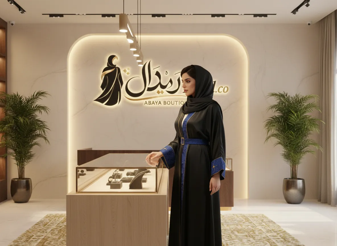 عباية سوداء ملكية دبل فيس ببطانة زرقاء مزخرفة وحزام أنيق مع تطريز ذهبي