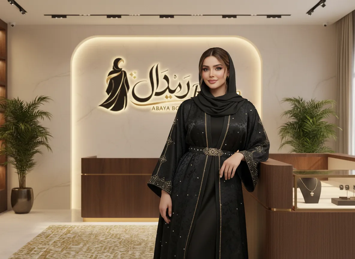 عباية سوداء ملكية من قماش الكريب الياباني الفاخر بتطريز يدوي على الأكمام