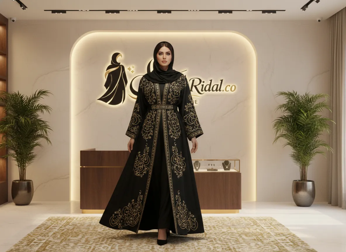 عباية سوداء ملكية من قماش الكريب الكوري الفاخر بتطريز يدوي على الأكمام وتصميم كلاسيكي راقي