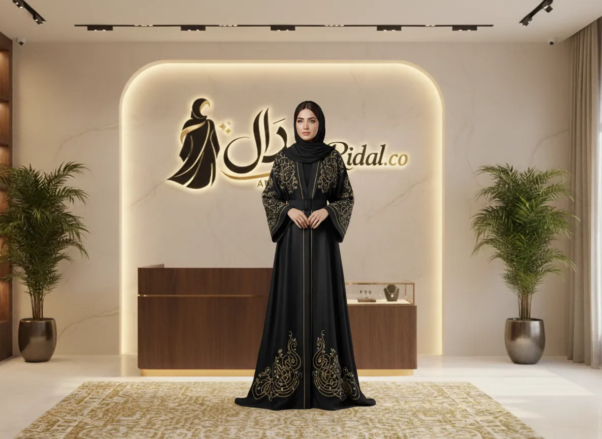 عباية سوداء ملكية من قماش الكريب الكوري الفاخر بتطريز يدوي على الأكمام وتصميم كلاسيكي راقي