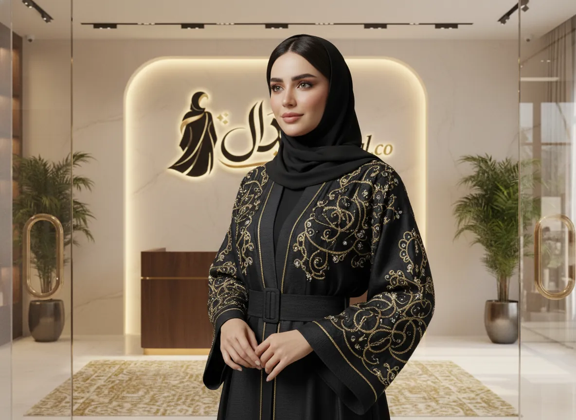 عباية سوداء ملكية من قماش الكريب الكوري الفاخر بتطريز يدوي على الأكمام وتصميم كلاسيكي راقي