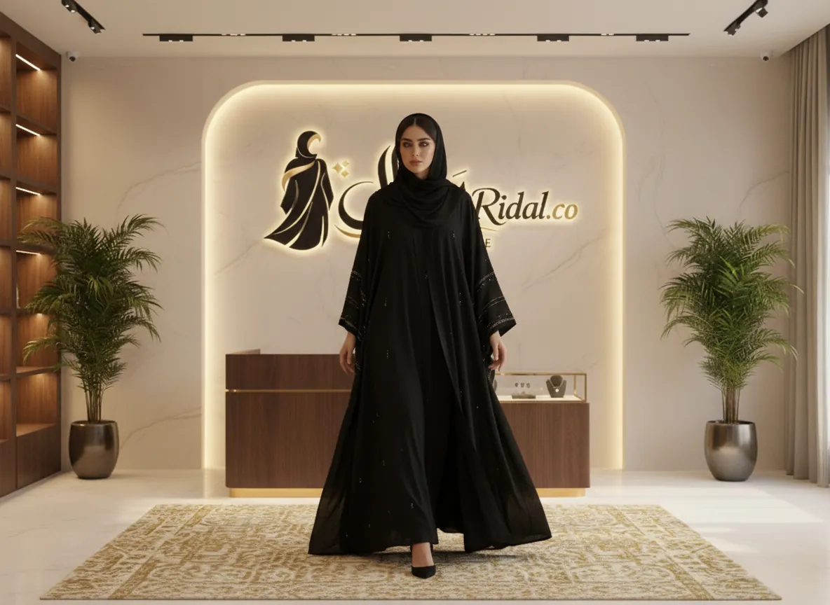 عباية سوداء ملكية من قماش الكريب الكوري الفاخر بتصميم كلاسيكي أنيق