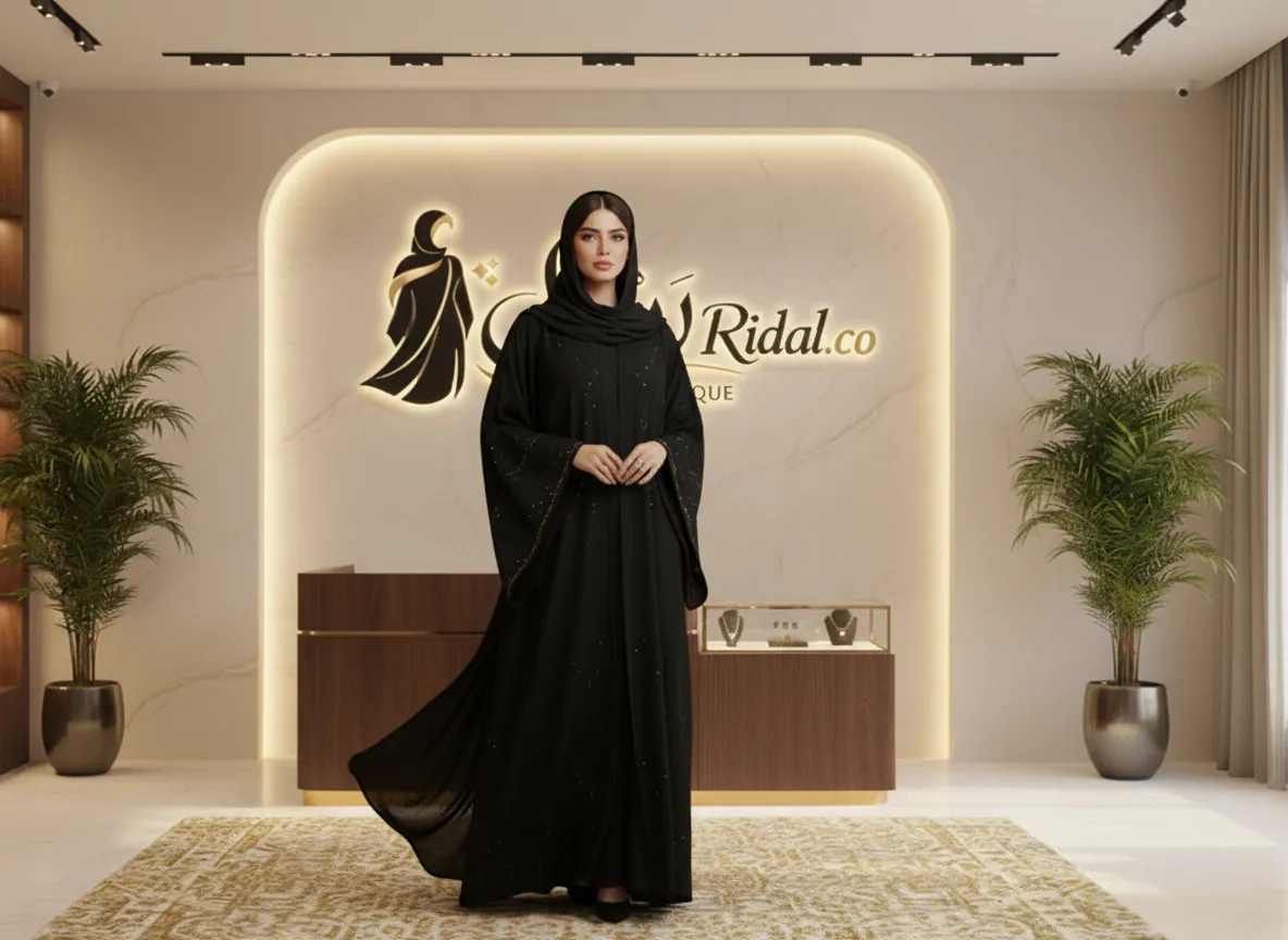 عباية سوداء ملكية من قماش الكريب الكوري الفاخر بتصميم كلاسيكي أنيق