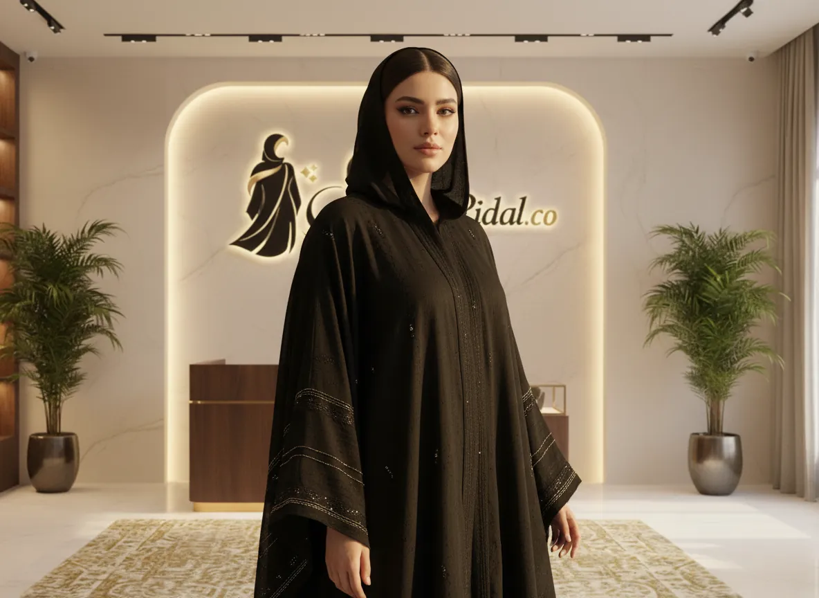 عباية سوداء ملكية من قماش الكريب الكوري الفاخر بتصميم كلاسيكي أنيق