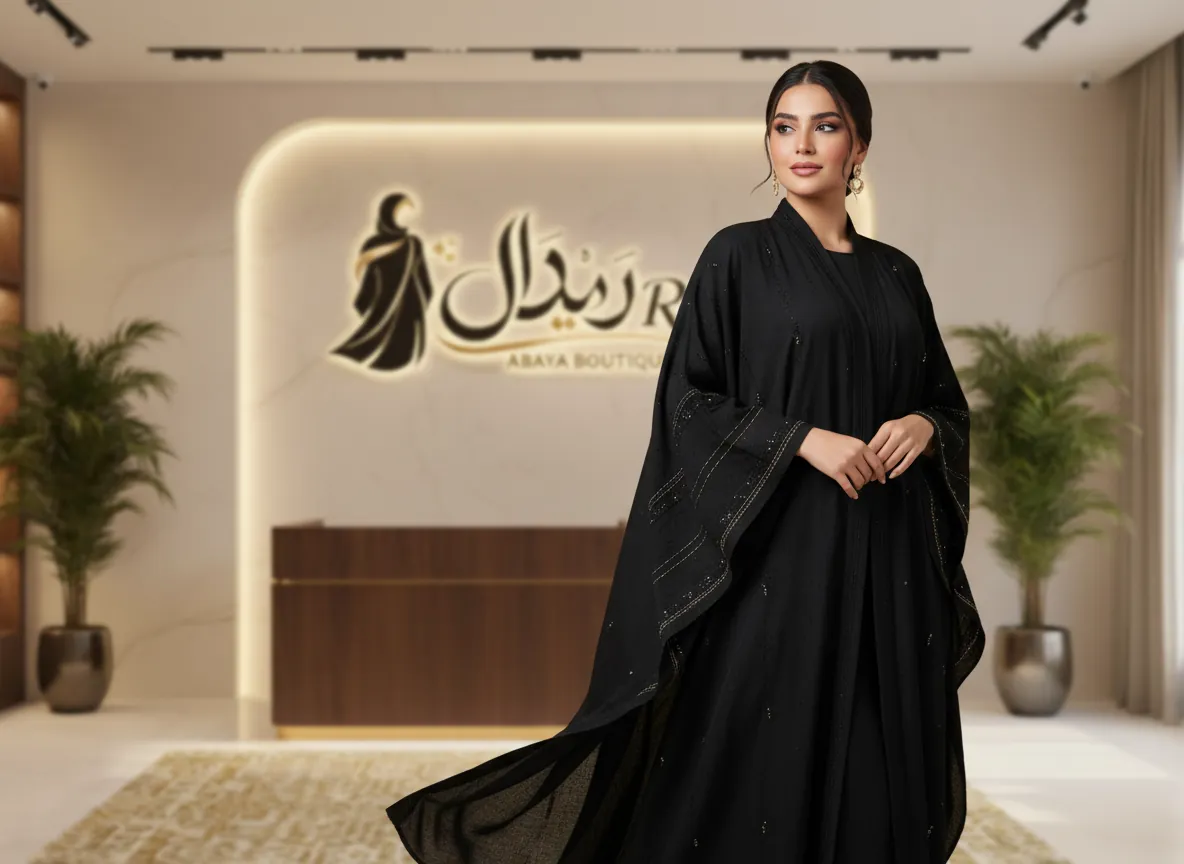 عباية سوداء ملكية من قماش الكريب الكوري الفاخر بتصميم كلاسيكي أنيق