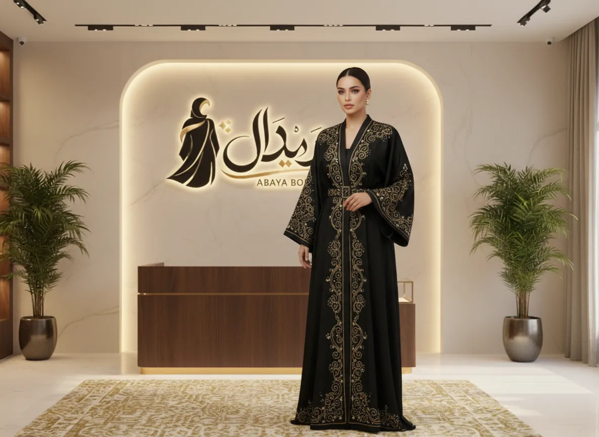 عباية سوداء ملكية بتطريز يدوي ذهبي وفضي فاخر مع حزام خصر أنيق - موديل SE164
