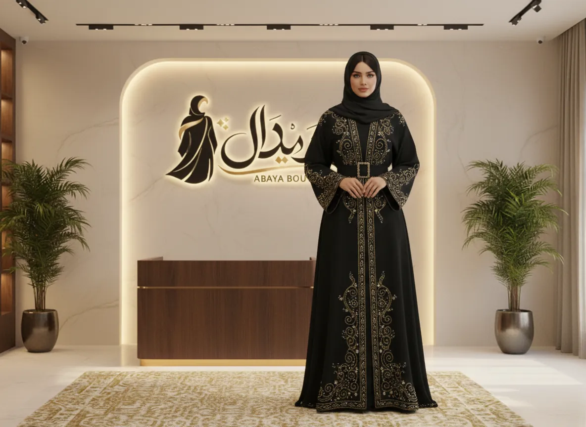 عباية سوداء ملكية بتطريز يدوي ذهبي وفضي فاخر مع حزام خصر أنيق - موديل SE164
