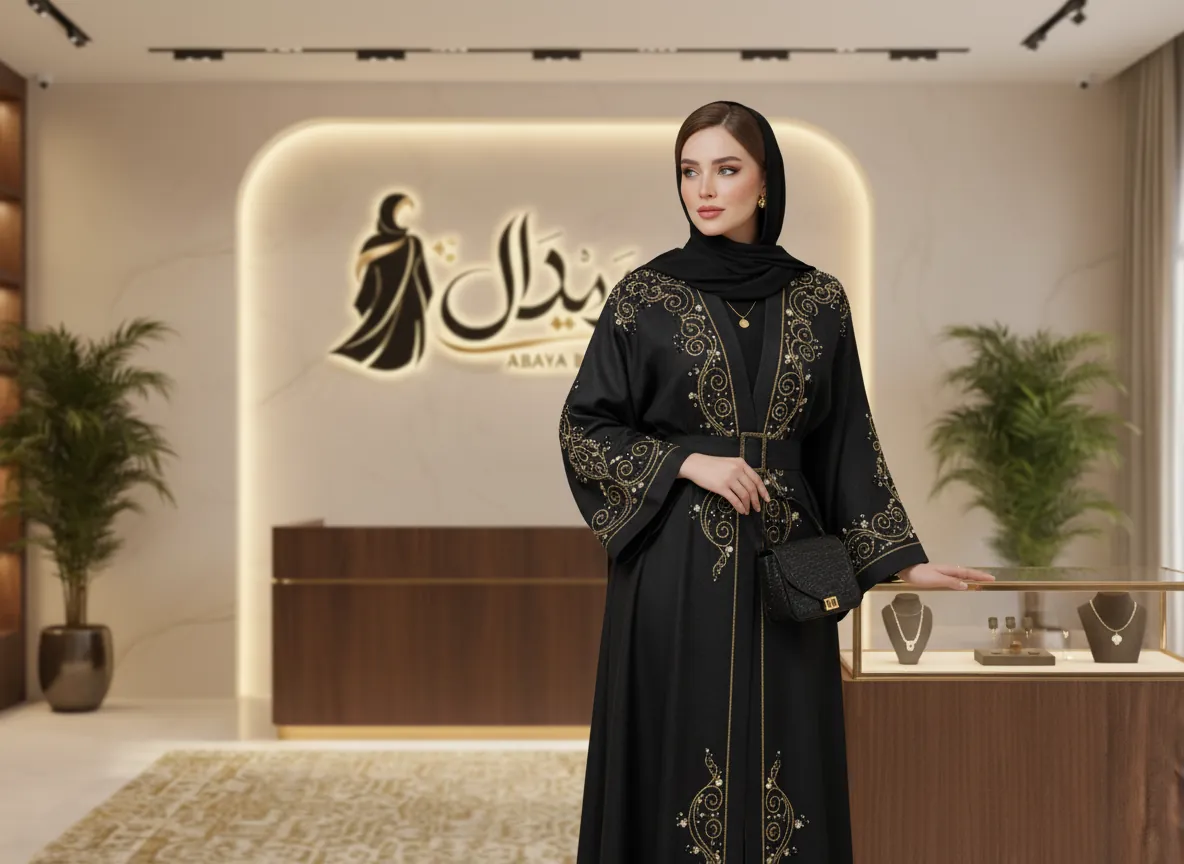 عباية سوداء ملكية بتطريز يدوي ذهبي وفضي فاخر مع حزام خصر أنيق - موديل SE164