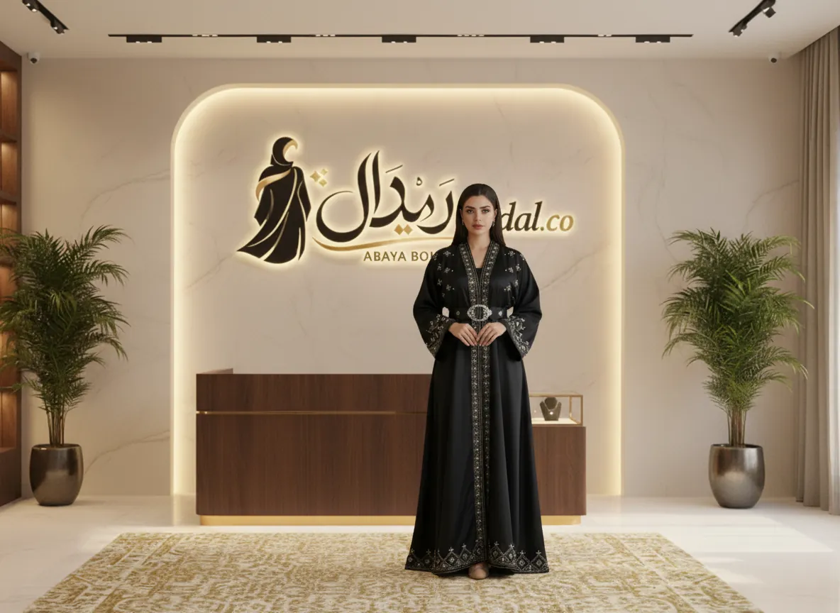 عباية سوداء ملكية من قماش الستان الفاخر بتطريز هندسي كريستالي وحزام خصر عريض